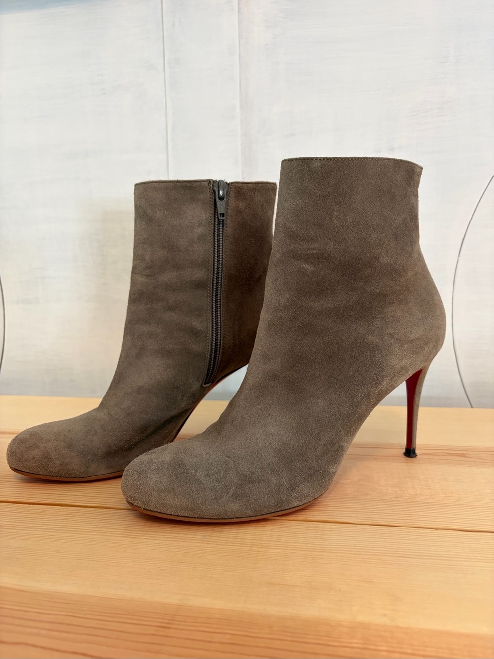 Christian Louboutin Taupe Suede Ankle Booties with Red Soles